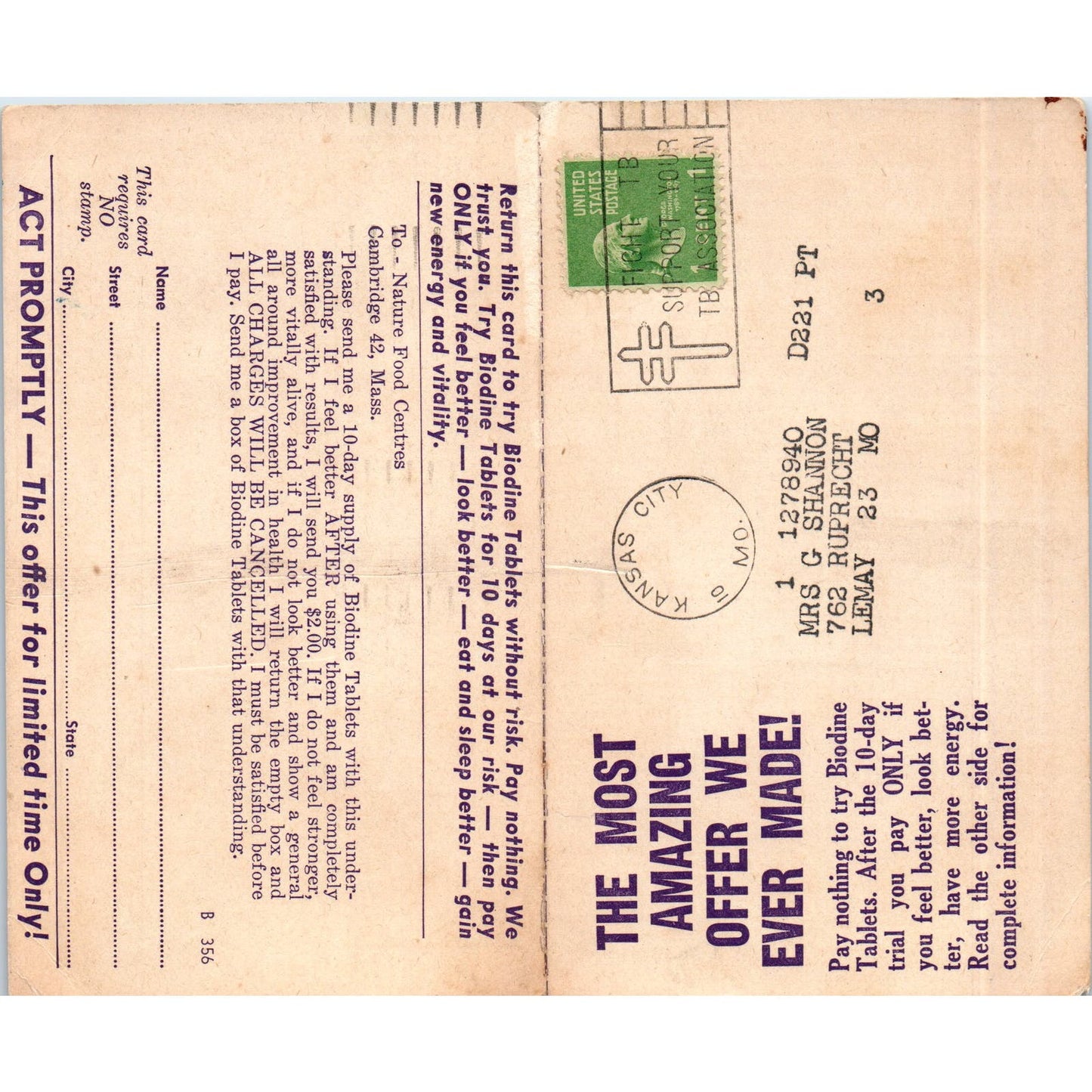 c1930 Biodine Tablets Quackery Mail Order Form AD7