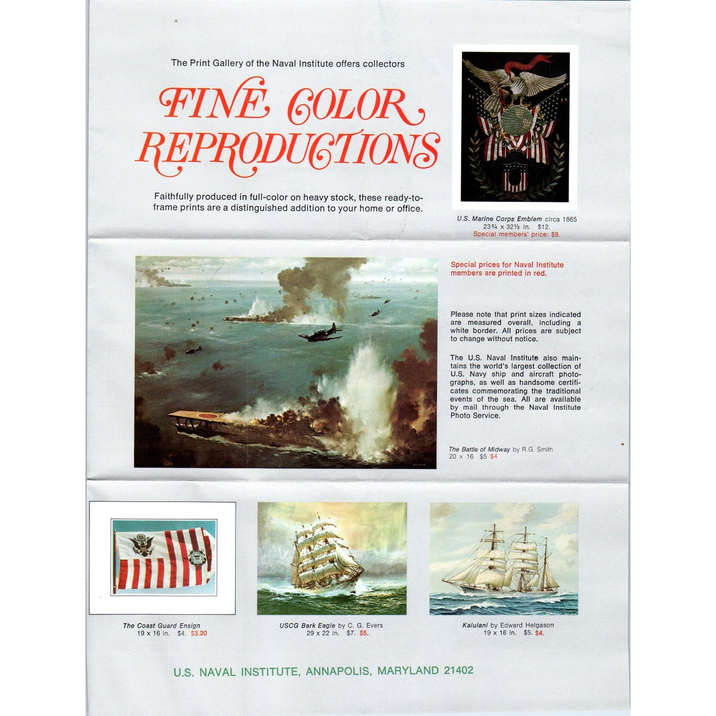 1980s US Naval Institute Annapolis MD Fine Color Reproductions Brochure TF4-BC