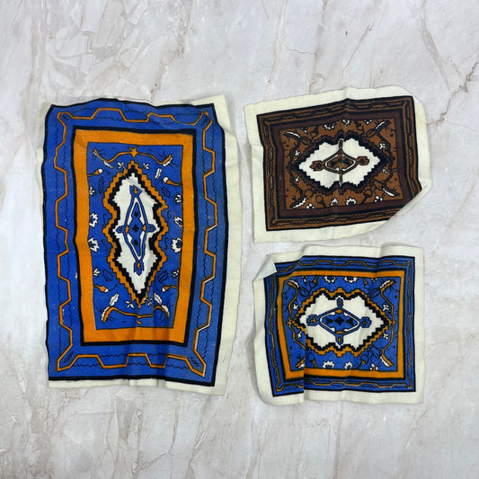 Retro Doll House Carpet Rug Set of 3 - 6x9 & 4.5x5.5 Blue Brown Orange TE9