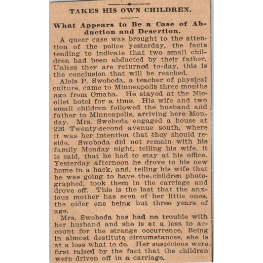 Alois P. Swoboda Child Abduction Minneapolis St. Paul 1898 Newspaper Ad AF2-Q1
