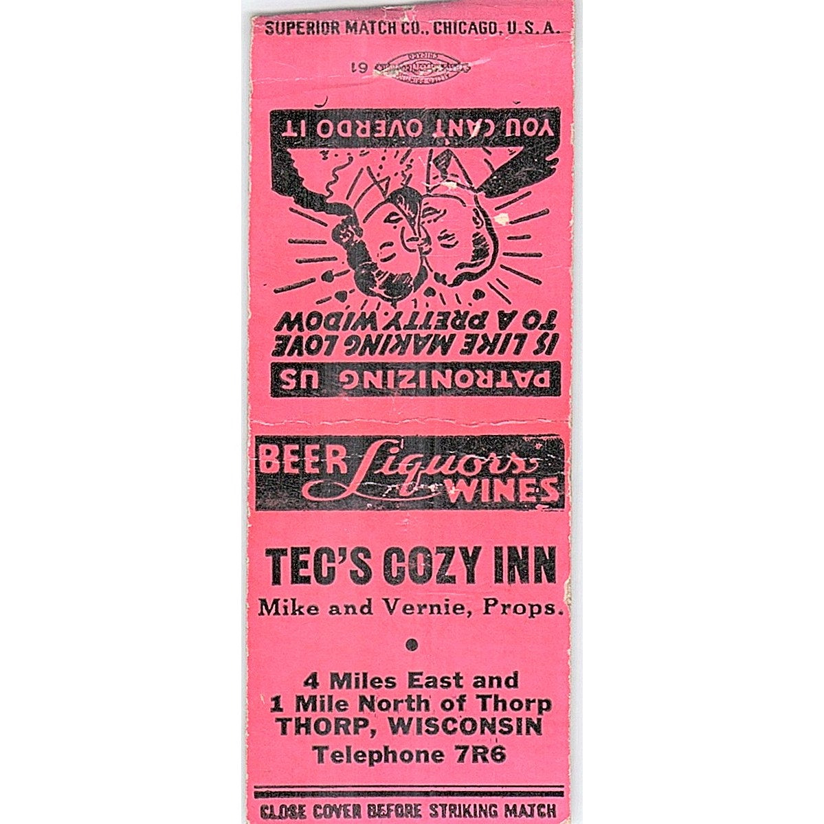 Tec's Cozy Inn Mike & Vernie Thorp WI Vintage Matchbook Cover SF3-Y1