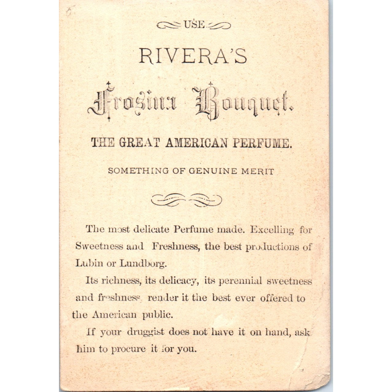 Riviera's Frosina Bouquet Perfume Big Head c1880 Victorian Trade Card AF1-AP8