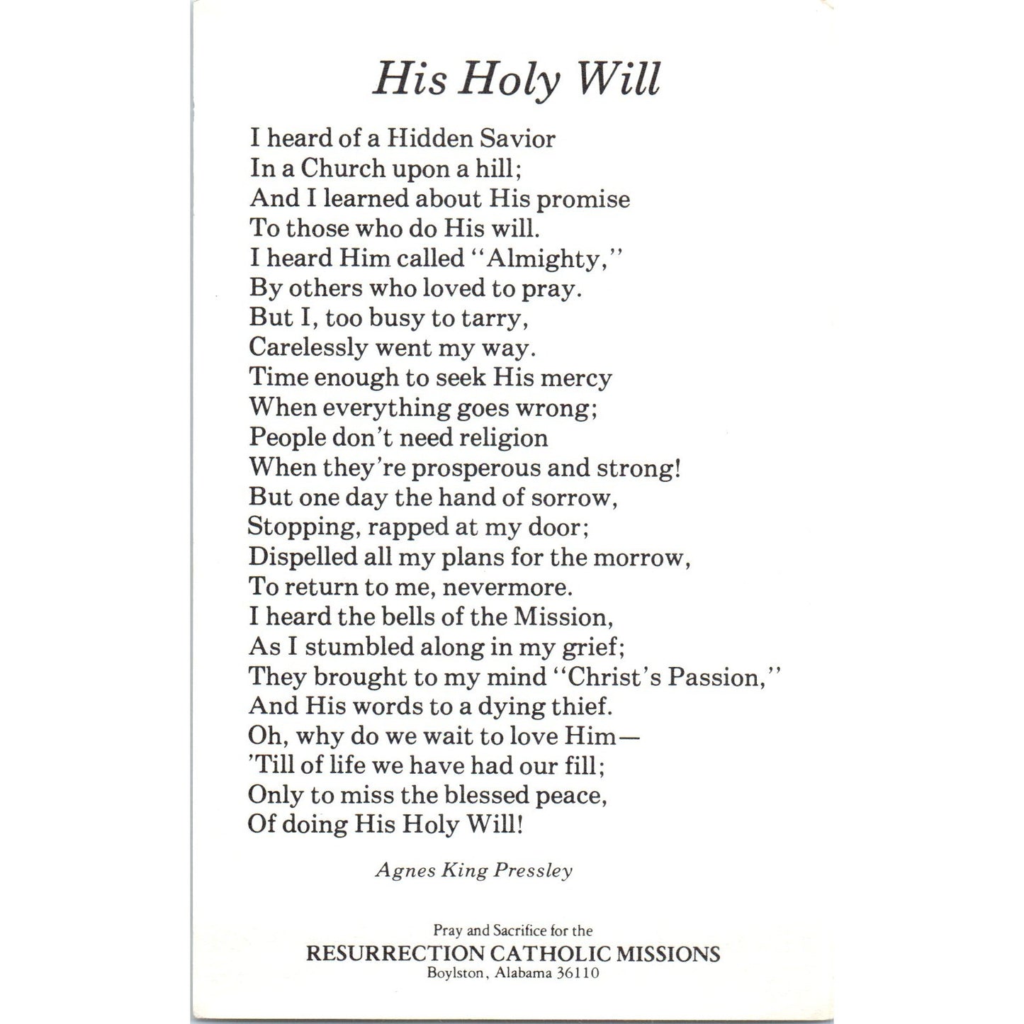 His Holy Will 2 Tim. II:11-12 Catholic Missions Boylston AL Vintage Card TH2-PC1