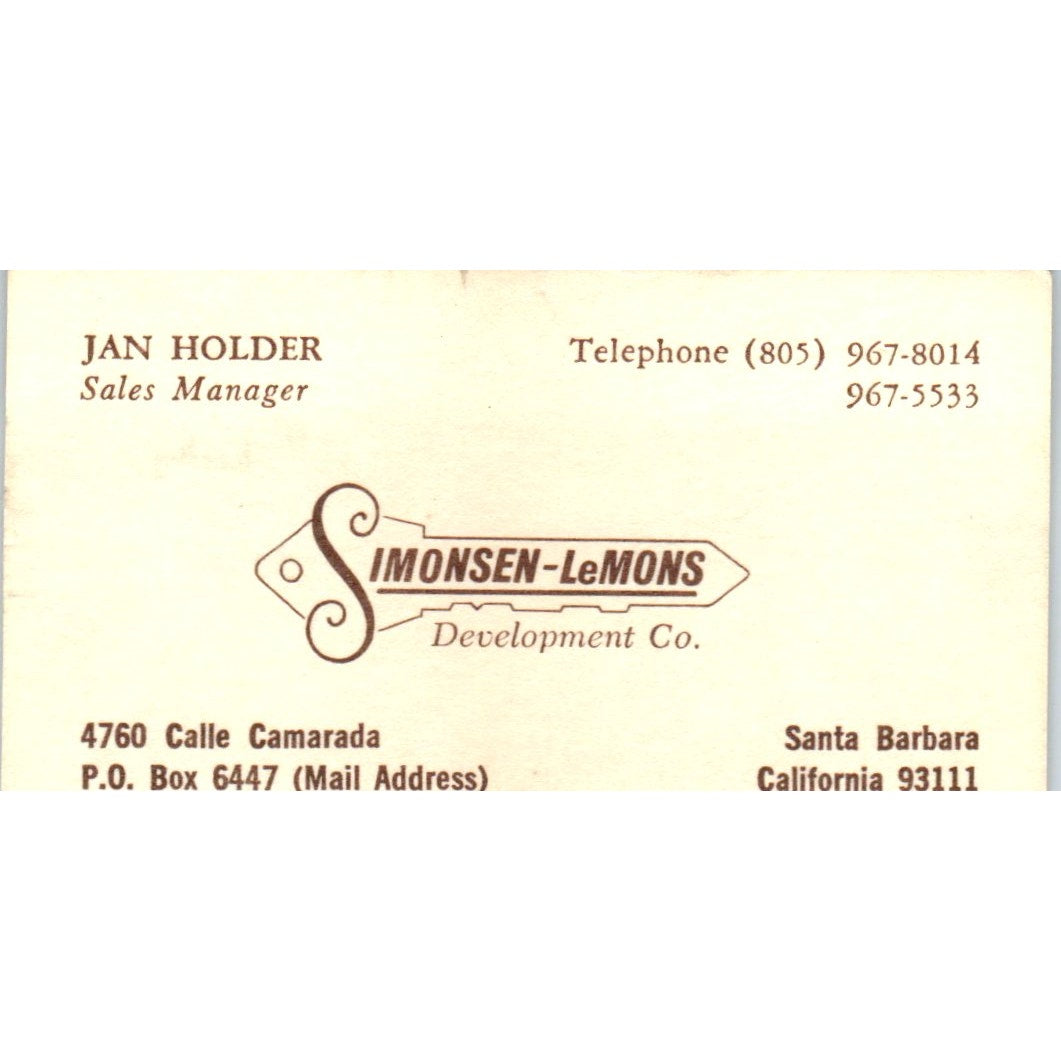 Jan Holder Simonsen-LeMons Development Co Santa Barbara CA Business Card SD8-B3