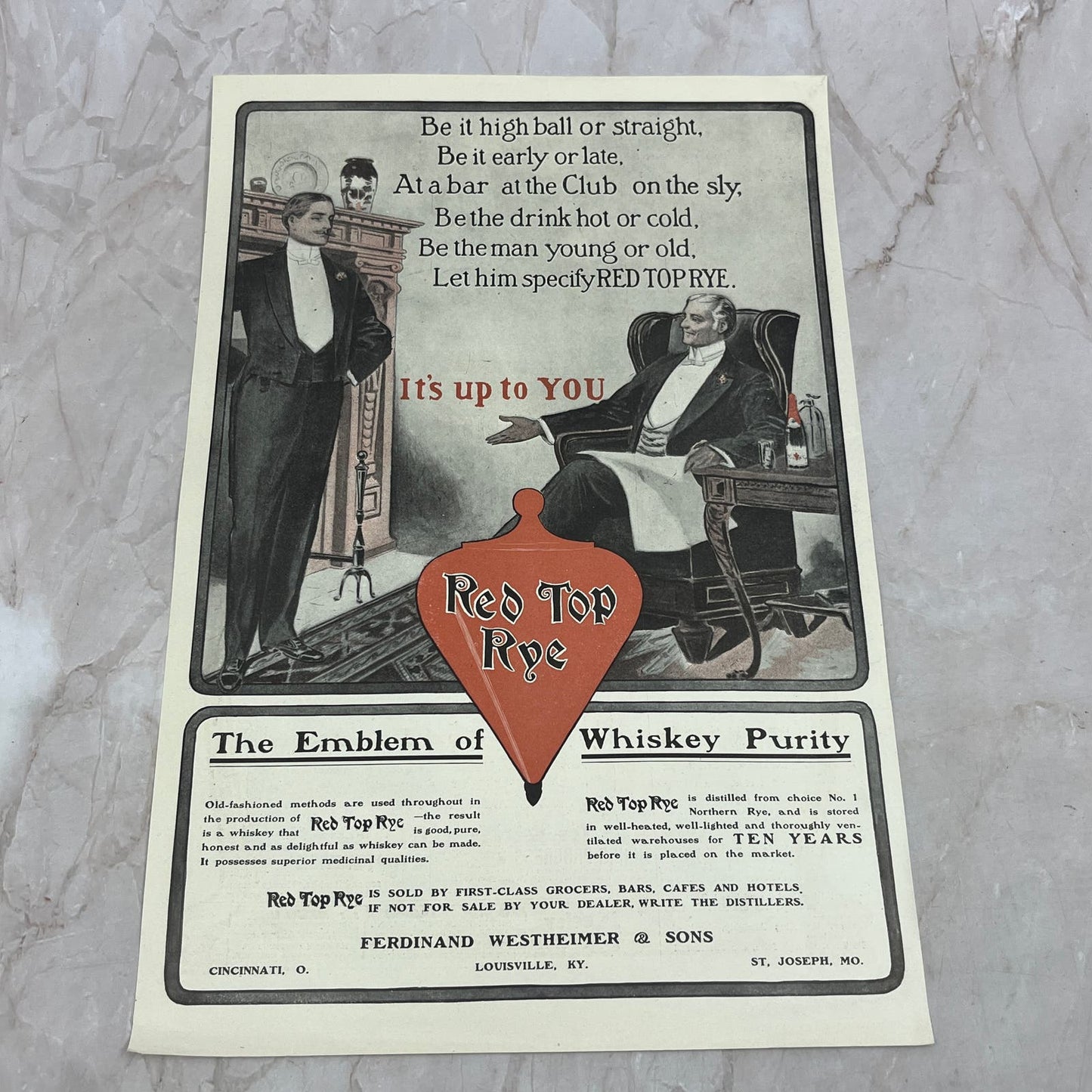 Red Top Rye Whiskey Ferdinand Westheimer & Sons c1910 Magazine Ad FL6-9