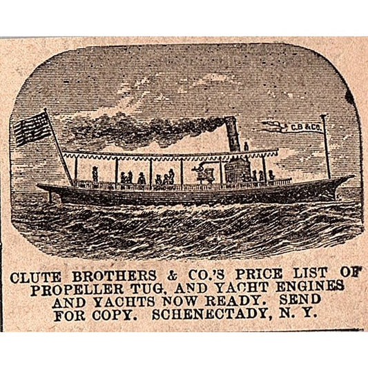 Clure Brothers & Co Propeller Tug & Yacht Engines Schenectady NY 1878 Ad AG2-M15