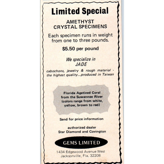 Gems Limited Amethyst Crystal Specimens Jacksonville FL 1971 Magazine Ad AD8-R9