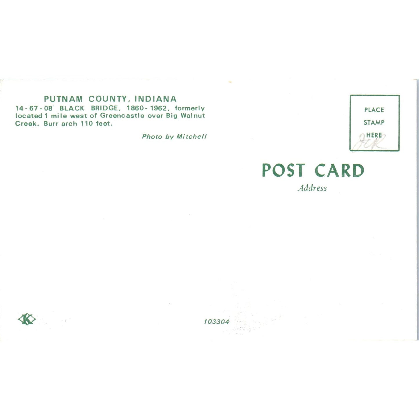 Black Bridge Big Walnut Creek Putnam County Indiana Covered Bridge Postcard PB11