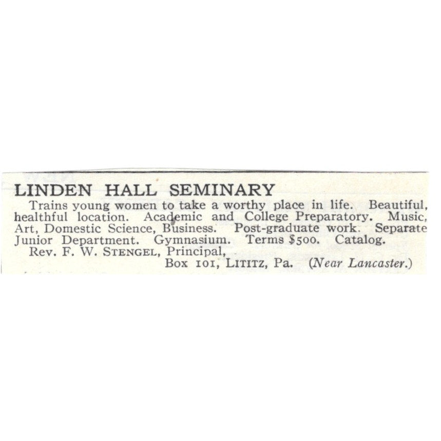 Linden Hall Seminary Lititz PA Rev FW Stengel c1920 Harper’s Magazine Ad AG4-S2