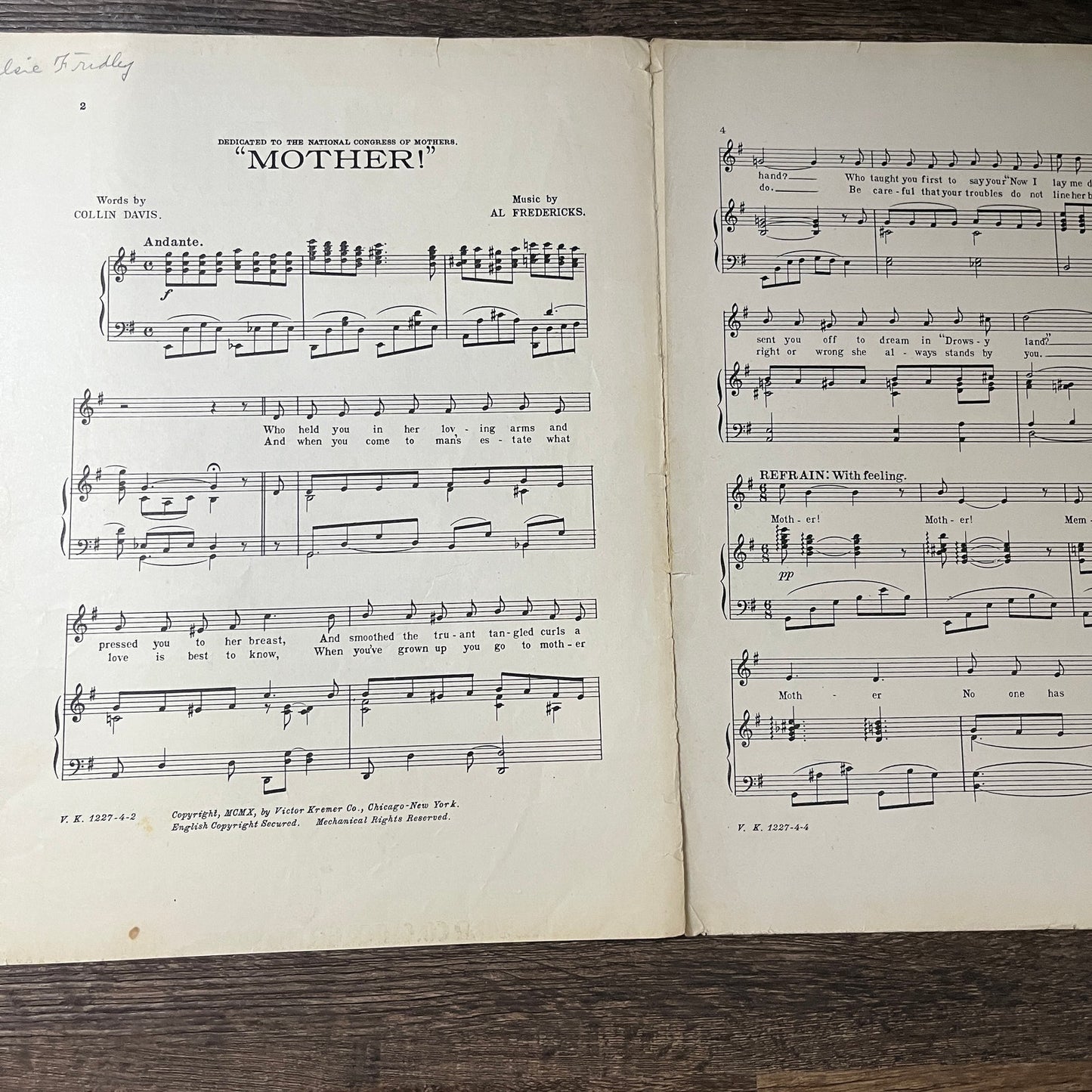 Mother - Jules Eckert Goodman Collin Davis Al. Fredericks 1910 Sheet Music V13