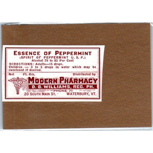 D.B. Williams Modern Pharmacy Peppermint Waterbury VT Apothecary Label TH2-AL