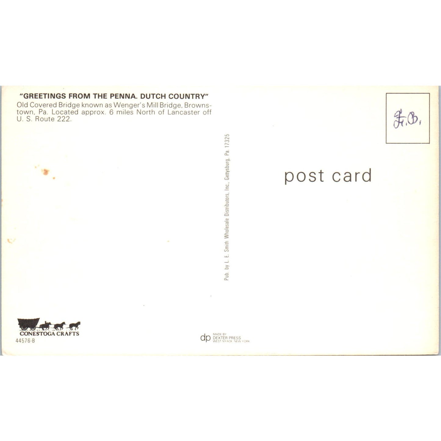 Wenger's Mill Bridge Brownstown PA Covered Bridge Postcard PB13