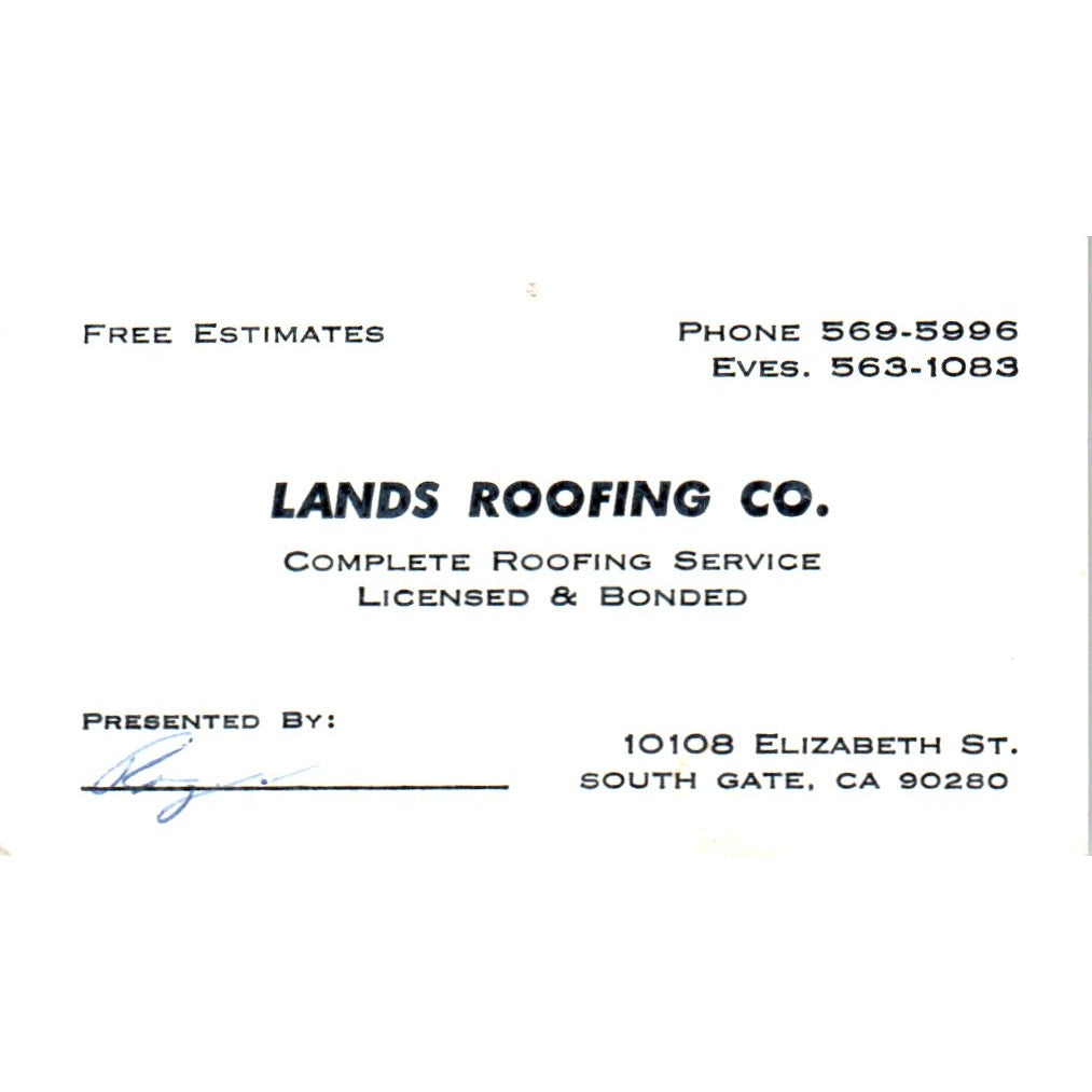 Lands Roofing Co South Gate CA Vintage Business Card SD8-B14