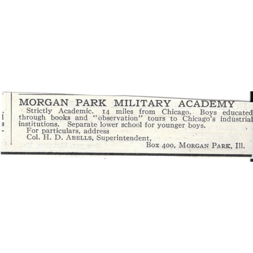 Morgan Park Military Academy Chicago IL Col. HD Abells c1920 Harper's Ad AG4-S6