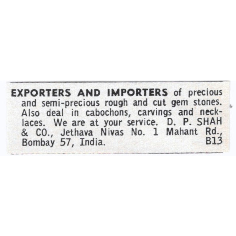 D.P. Shah & Co Precious Stone Import Export Bombay India 1964 Magazine Ad AK6-S8