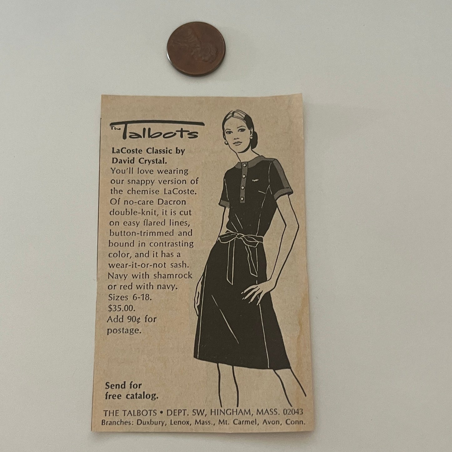 The Talbots LaCoste Classic by David Crystal Hingham MA 1971 Magazine Ad SAG4-M2