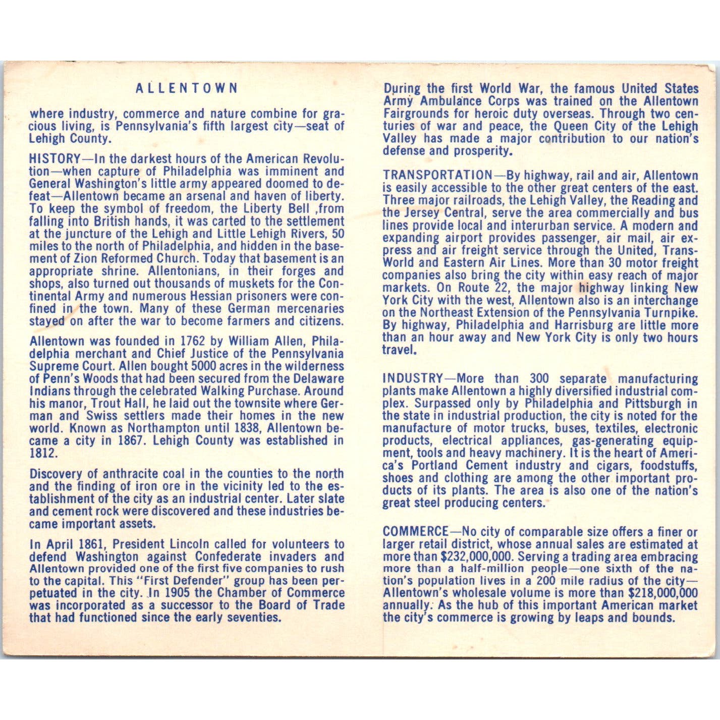 1962 Allentown PA Bicentennial Anniversary Pocket Program Card AE5