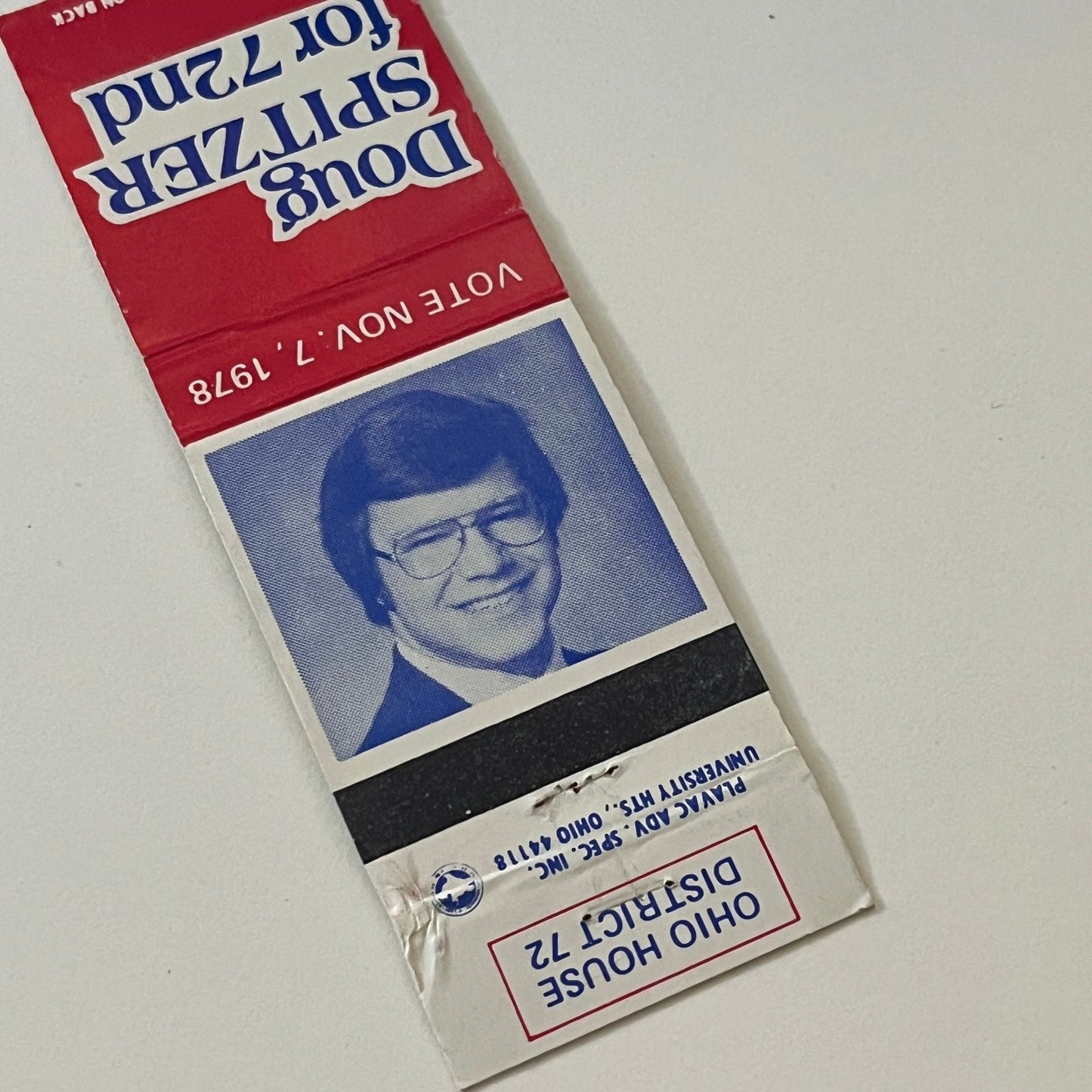 1978 Vote Doug Spitzer for 72nd Ohio House District Vintage Matchbook TB6-MB2-6