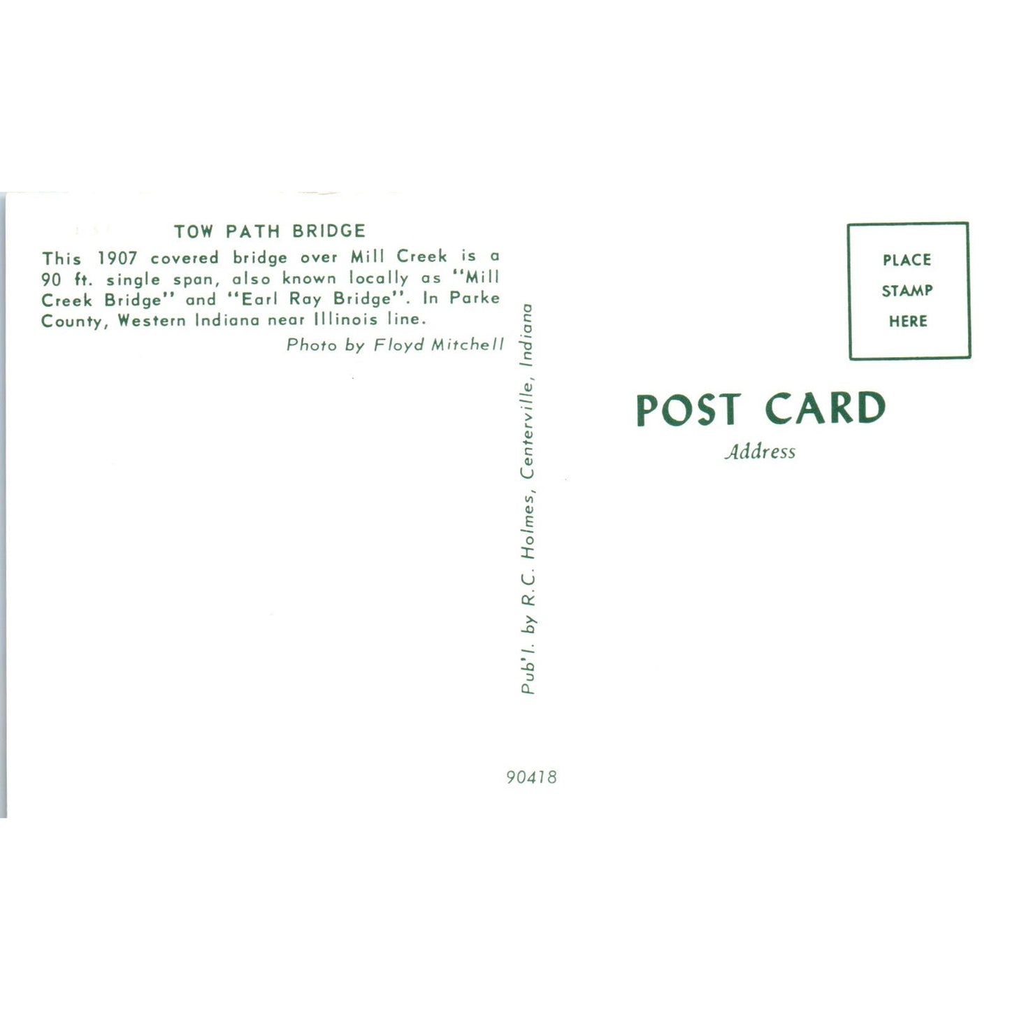 Mill Creek Tow Path Bridge Tangier IN Vintage Covered Bridge Postcard PD4