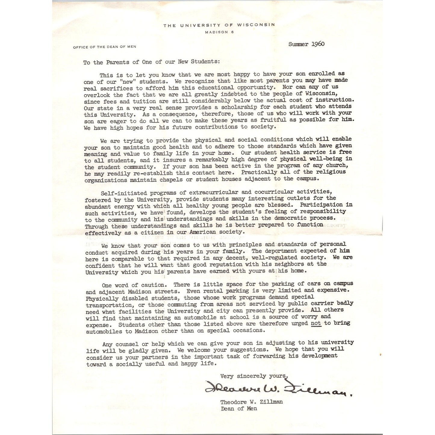 1960 University of Wisconsin Madison Dean Theodore Zillman Letter to Parents J16