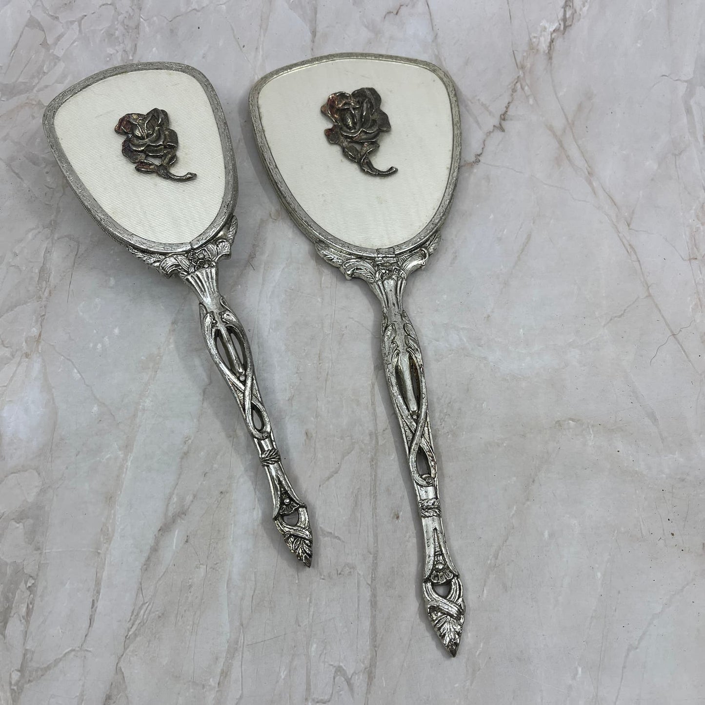 1950s Vanity Set Brush Comb Mirror Chrome Silver Toned Ornate Roses TF5