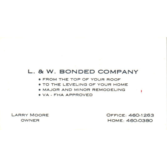 Larry Moore L&W Bonded Co Remodeling TX Vintage Business Card SD8-B3