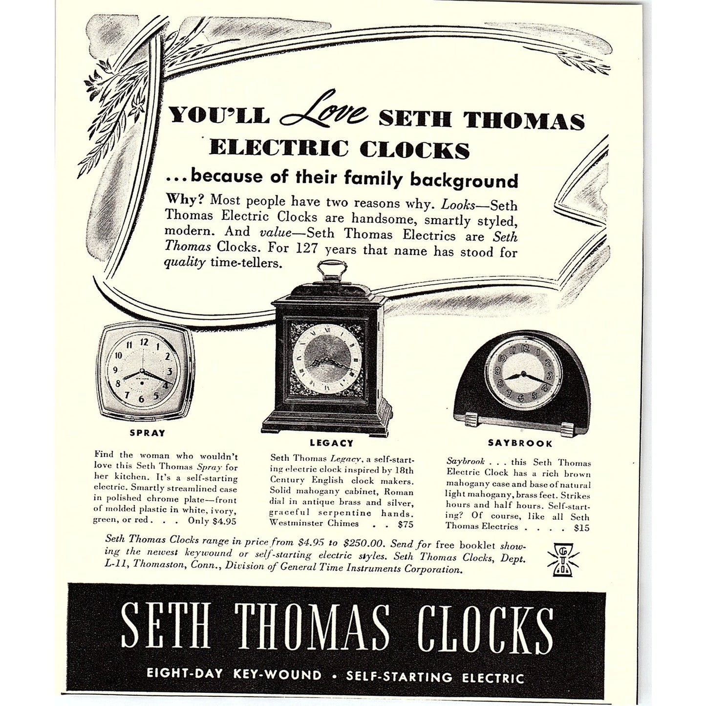 Seth Thomas Clocks Eight-Day Key-Wound Self-Starting Electric 1940 Ad AF8-3