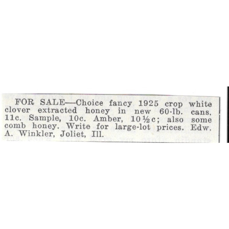 A. Winkler Fancy White Clover Honey Joliet Illinois 1926 Ad AG3-S21