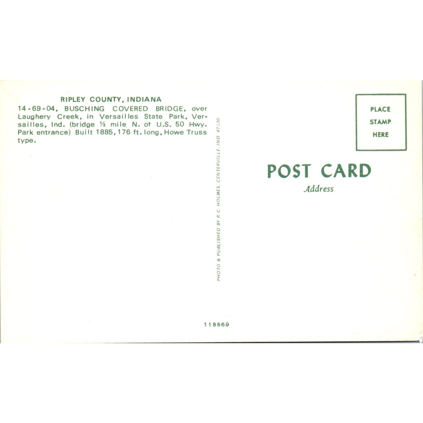 Busching Bridge Versailles, Ripley County Indiana Covered Bridge Postcard PB11