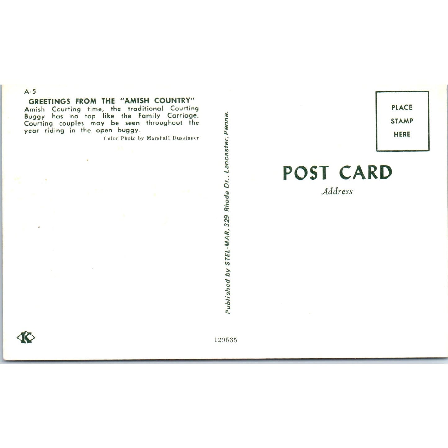 Amish Open Top Courting Carriage Buggy Pennsylvania Dutch Country Postcard PD8