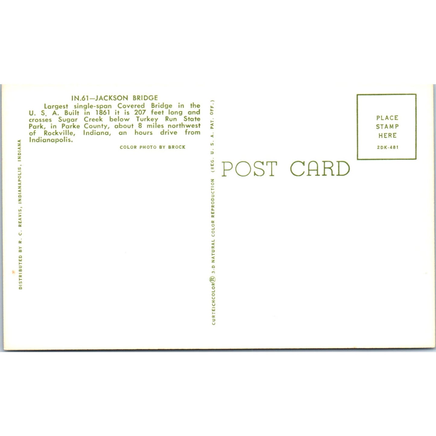 Jackson Bridge Parke County Turkey Creek IN Vintage Covered Bridge Postcard PD3