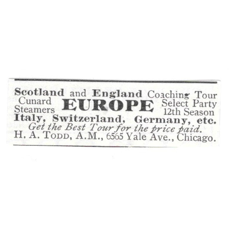 Europe Travel H.A. Todd Chicago IL 1903 Ad AG3-S13