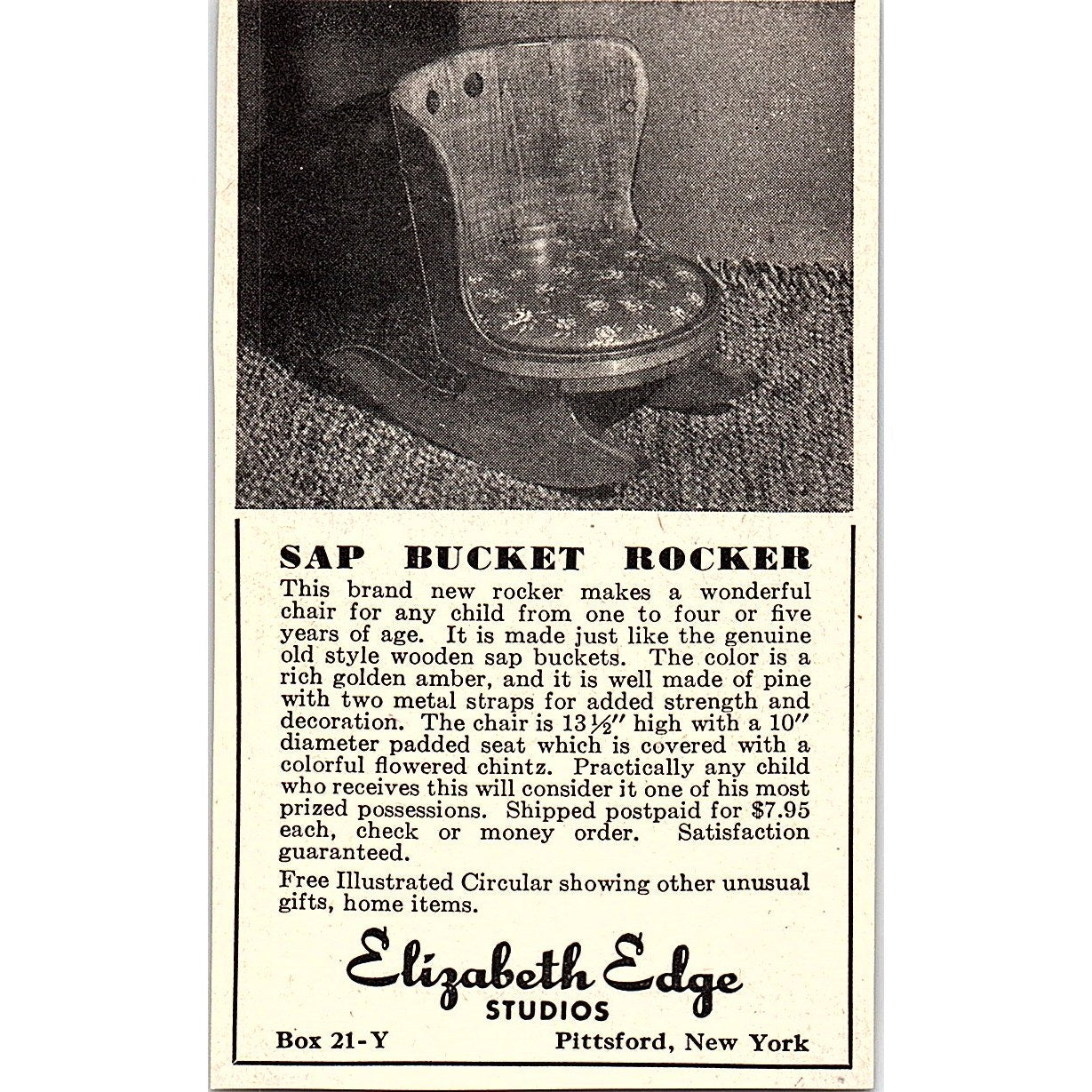 Elizabeth Edge Studios Sap Bucket Pittsford NY 1952 Yankee Magazine Ad SAG5-M3