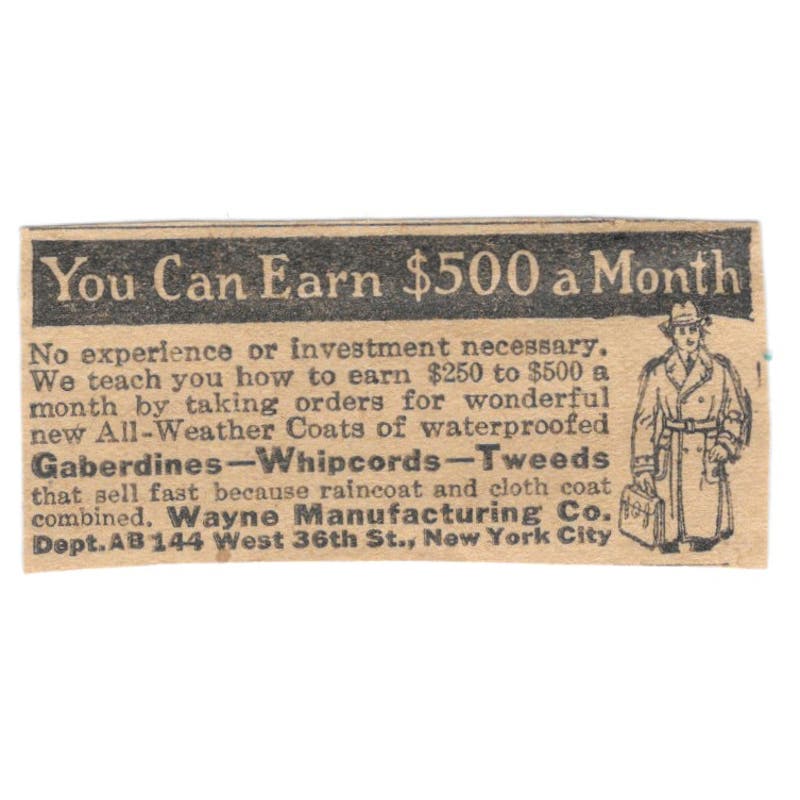 Wayne Mfg Co. NY Gaberdines Tweeds Become a Salesman 1923 Magazine Ad Clip AE1-6
