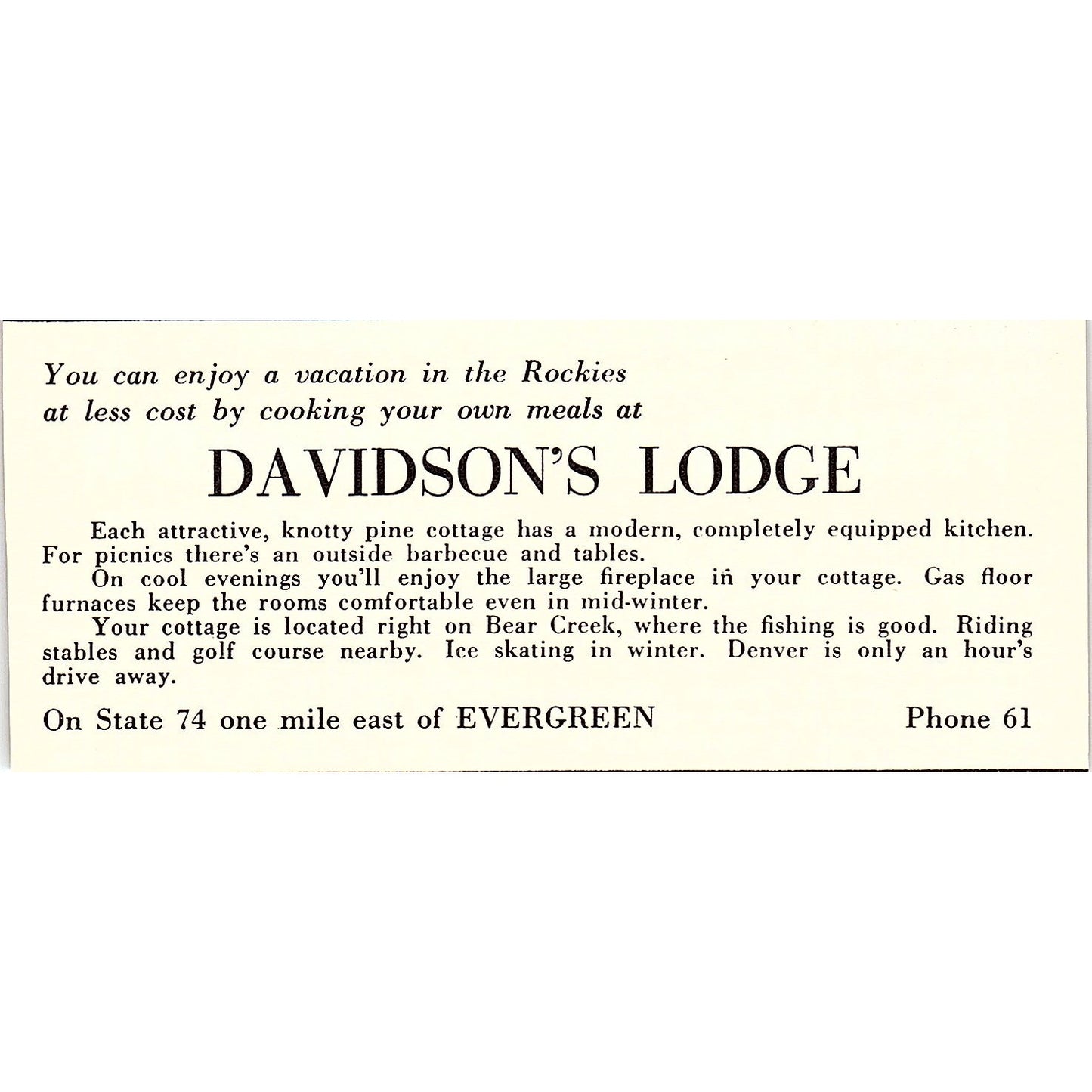 Davidson's Lodge Evergreen CO 1958 Ad AG1-M3