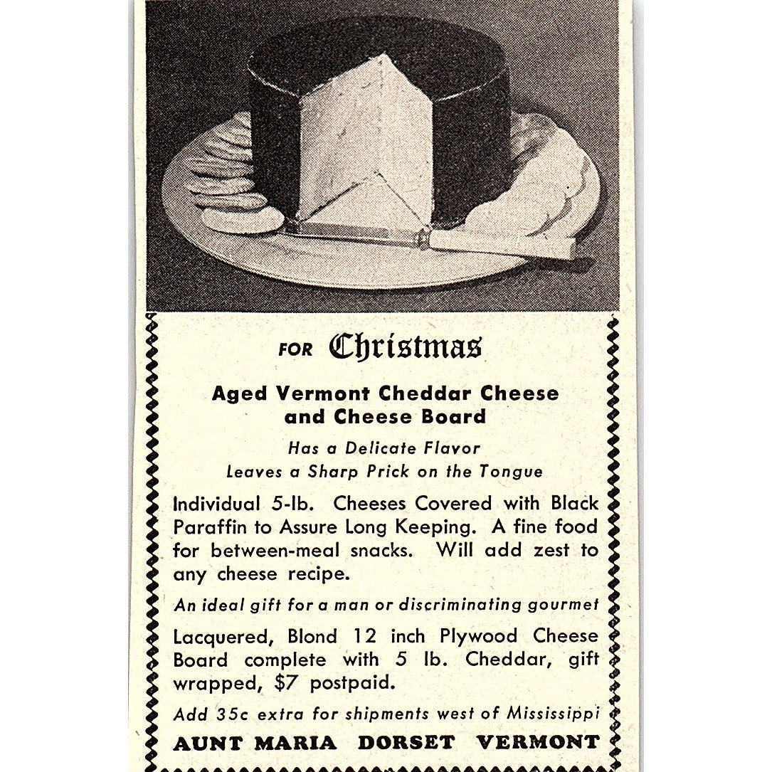 Aunt Maria Aged Vermont Cheddar Cheese Dorset VT 1952 Yankee Magazine Ad SAG5-M3
