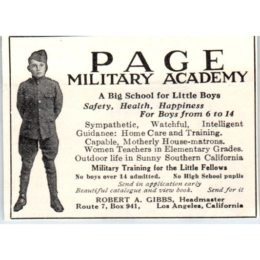 Page Military Academy Robert A. Gibbs Los Angeles CA 1924 Magazine Ad AF2-A1