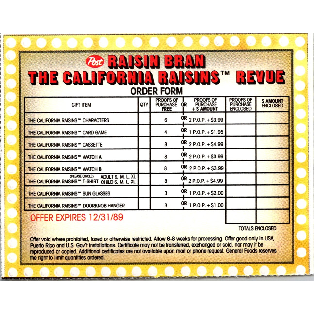 Raisin Bran California Raisins Revue Order Form Blank 1989 SAH7-H1