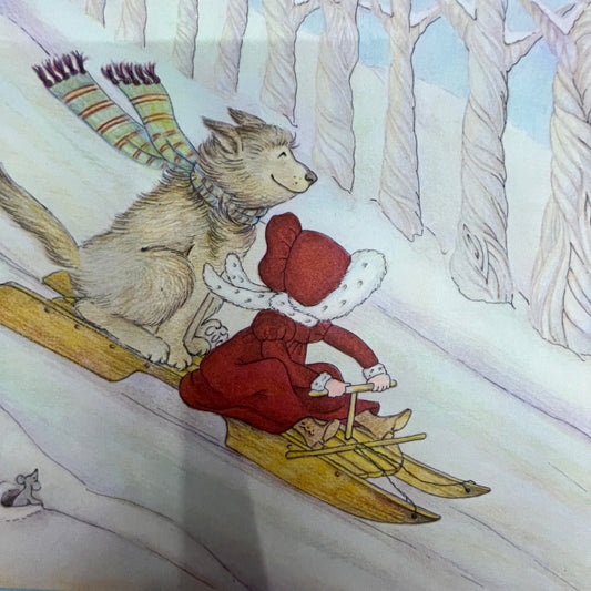 Retro Kitsch Girl and Bear Winter Sledding 9x11" Art Print V17