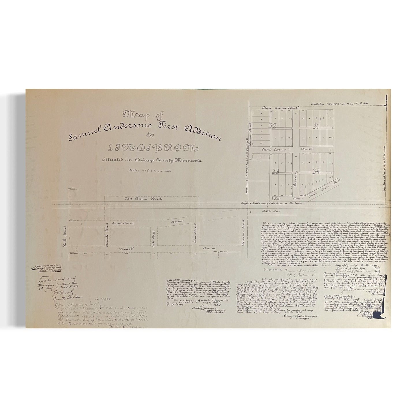 Samuel Anderson's First Addition to Lindstrom Chisago County MN Vtg Plat Map RM1