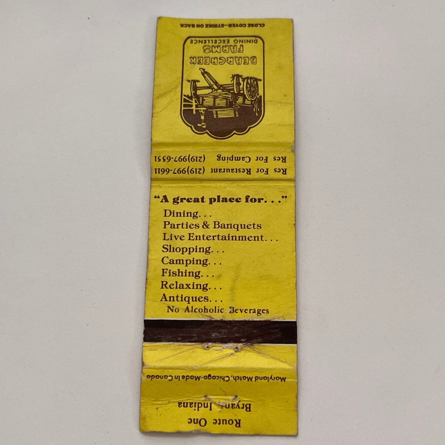 Bearcreek Farms Restaurant Bryant IN Vintage Matchbook TB6-MB2-15