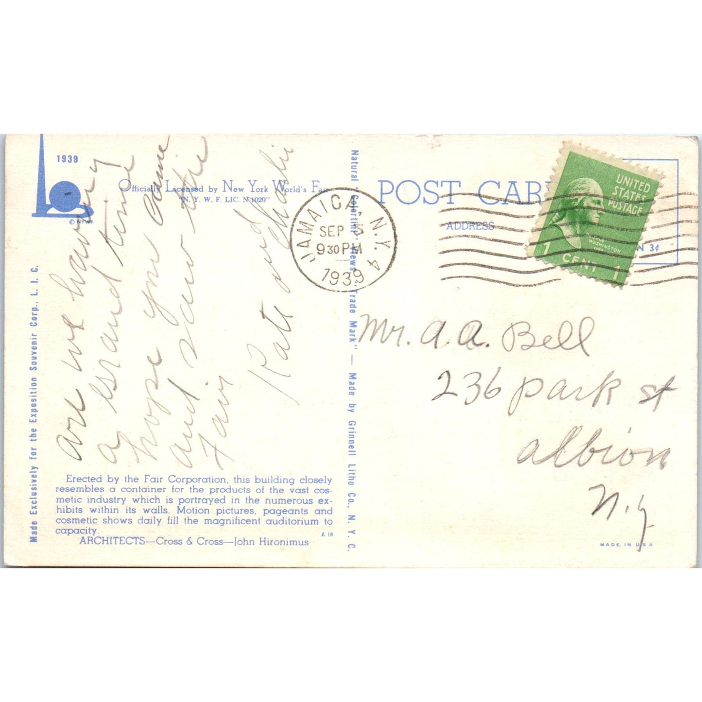 1939 New York World's Fair Cosmetics Building Vintage Postcard PD3