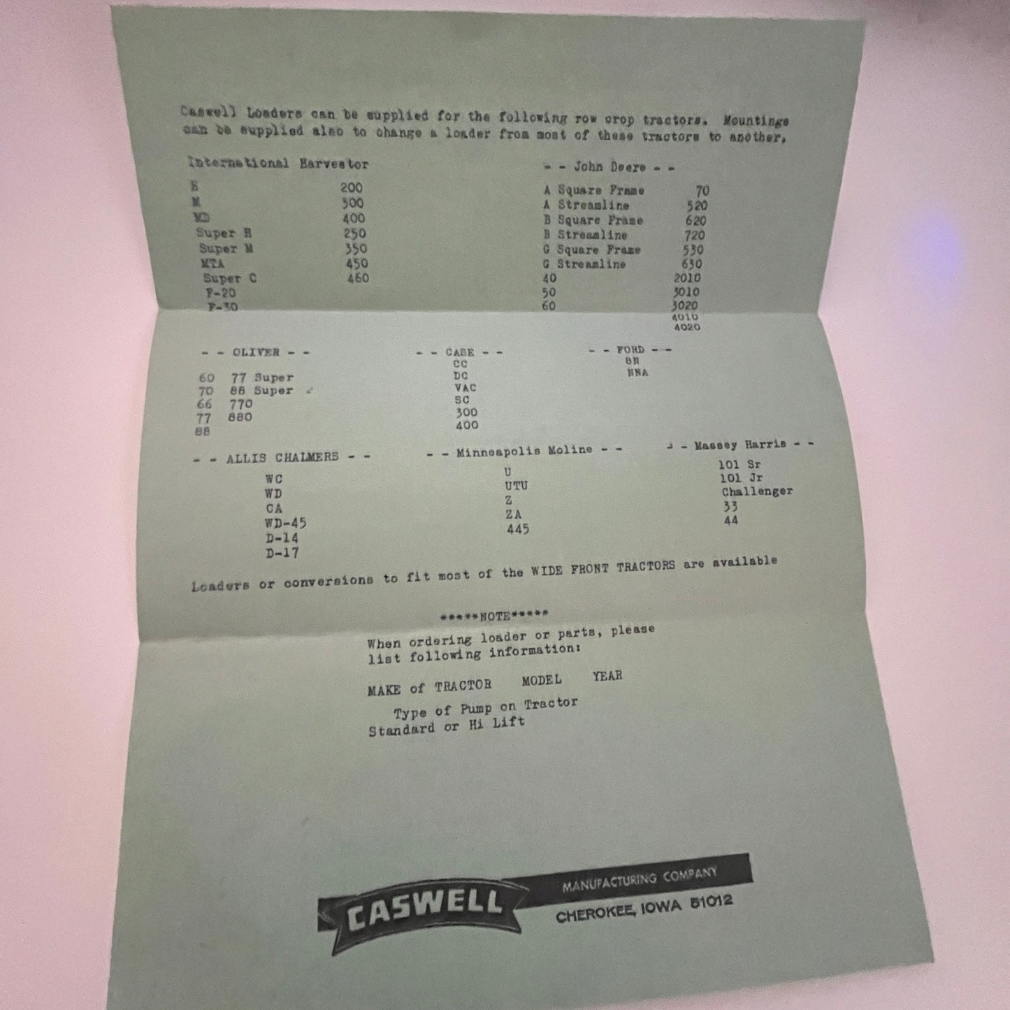 1967 Caswell Manufacturing Company Cherokee IA Farming Ephemera AJ3-1