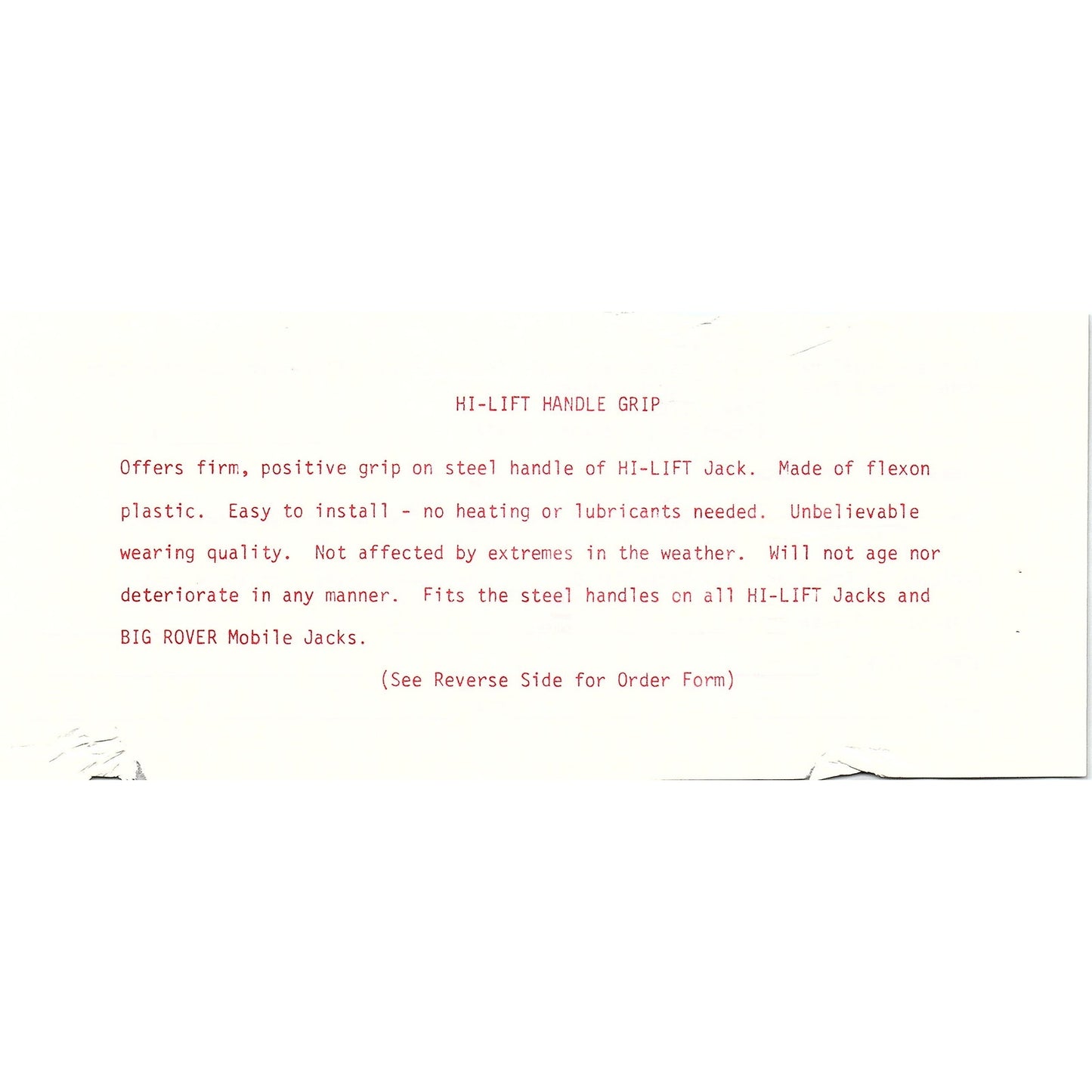 Hi-Lift Handle Grip Order Blank Hi-Lift Jack Company Bloomfield IN AG5-3