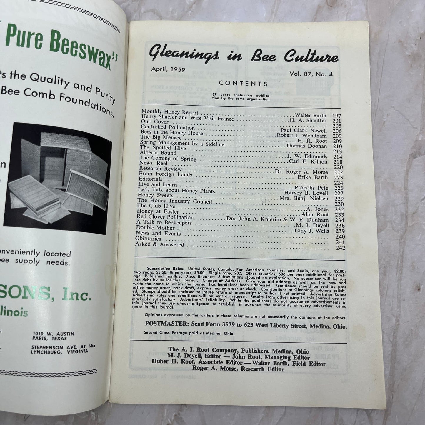 1959 Apr Gleanings in Bee Culture Beekeeping Magazine A.I. Root Co Medina OH TD5