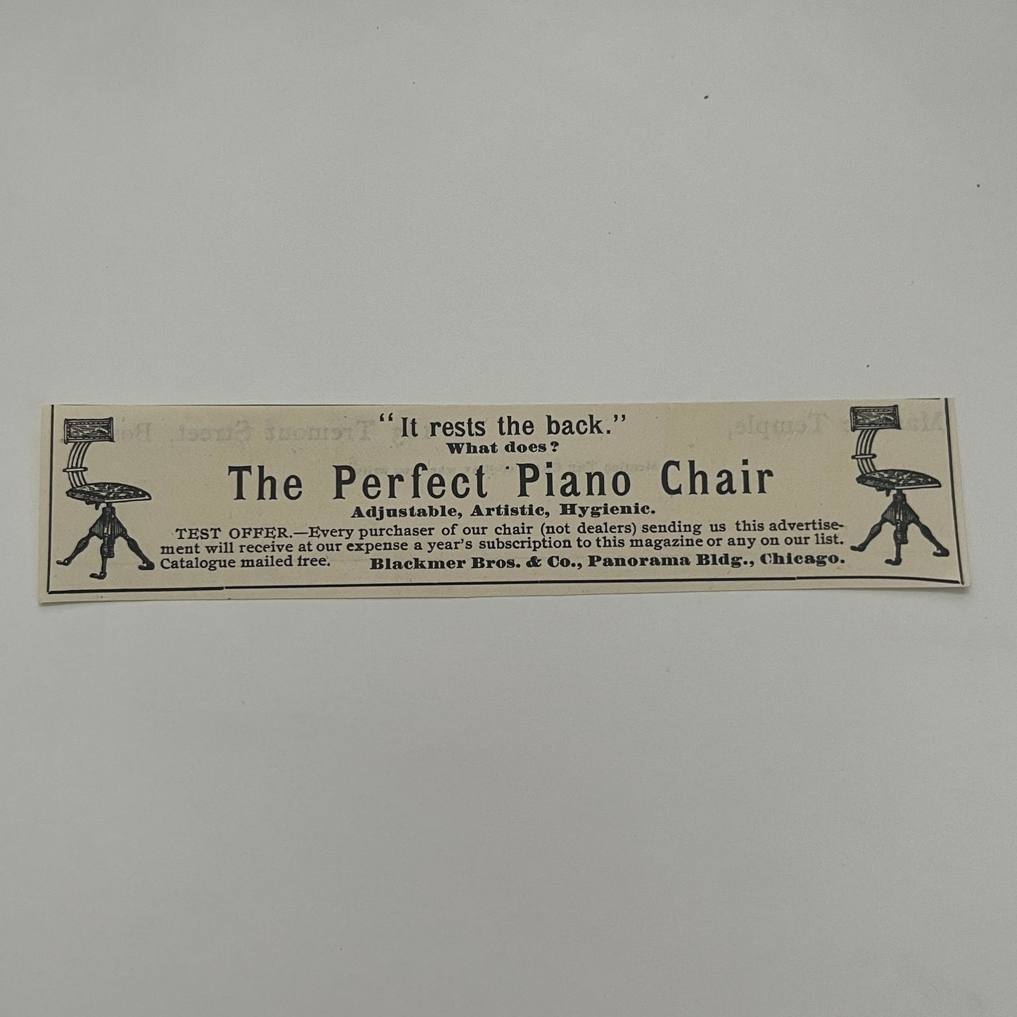 The Perfect Piano Chair Blackmer Bros & Co Panorama Bldg Chicago 1892 Ad AG2-7