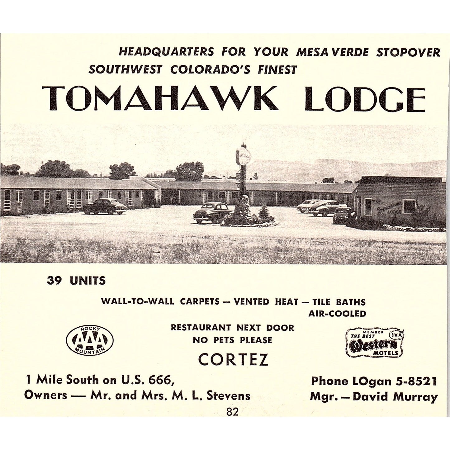 Tomahawk Lodge M.L. Stevens, Aneth Lodge Frank Spurr Cortez CO 1958 Ad AG1-H1
