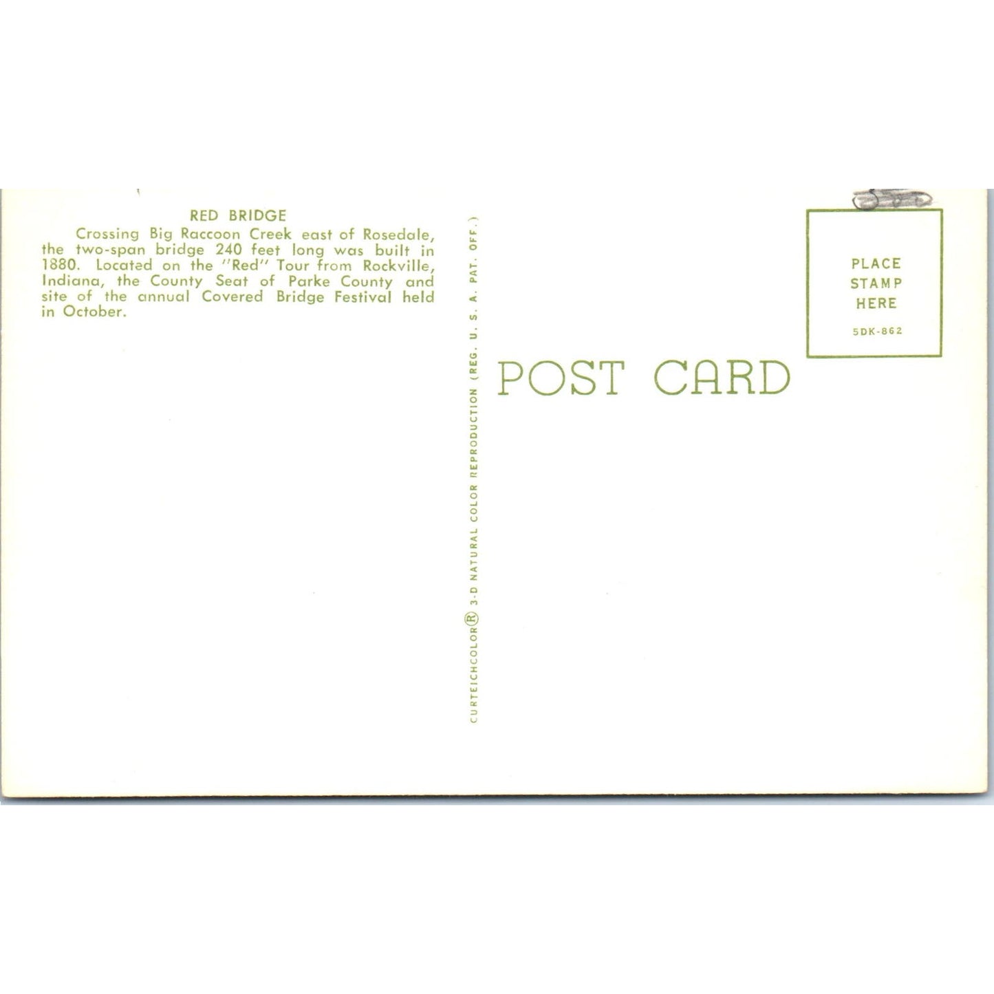 Red Bridge Big Raccoon Creek Rosedale IN Vintage Covered Bridge Postcard PD3