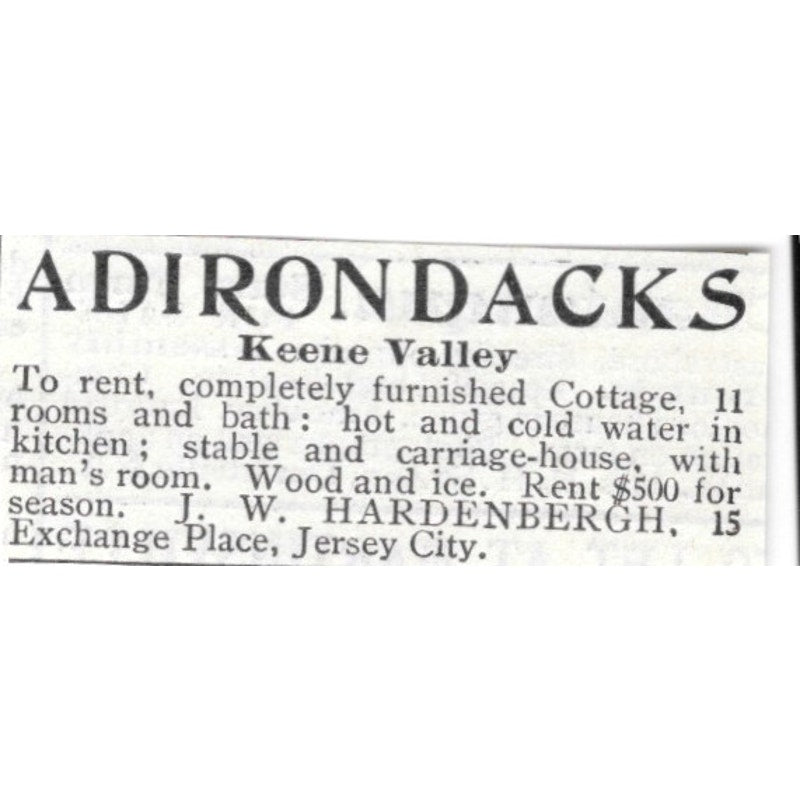 Keene Valley Adirondacks Rental J.W. Hardenbergh Jersey City 1903 Ad AF8-S36