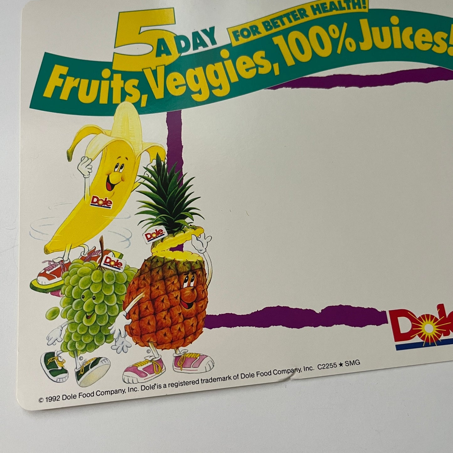 Original 1992 Dole 5 A Day Fruits, Veggies Advertising Store Display Sign 7x11"